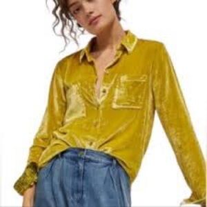 Anthropologie chartreuse velvet long-sleeved button down.